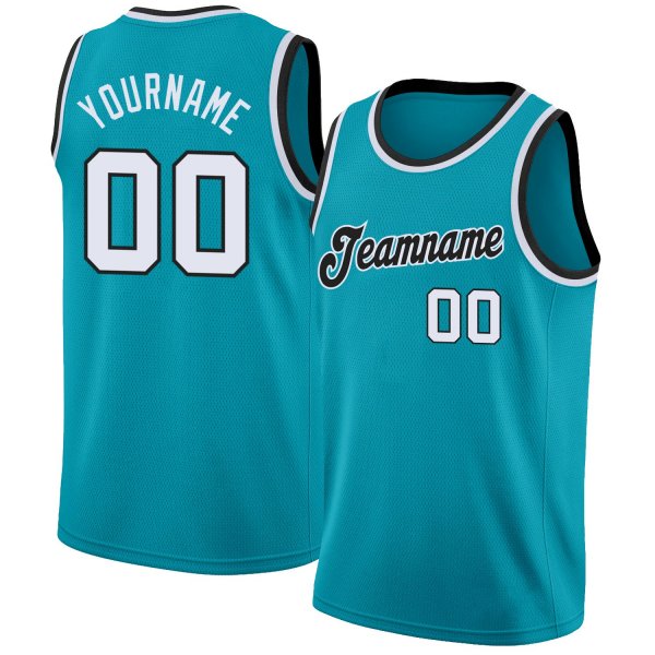 Men's Custom Teal White-Black Round Neck Rib-Knit Basketball Jersey